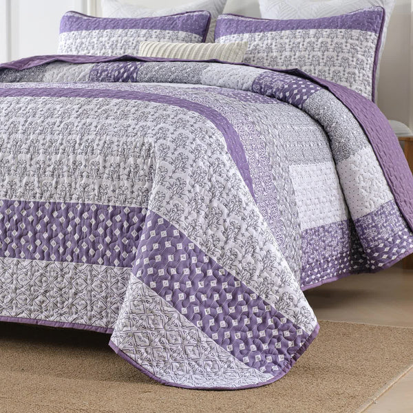 Bohemian Purple And White Quilted Bedspread Or Coverlet Set Matching Pillowcases Other Bedding
