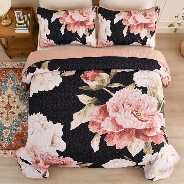 Blossom Trio Quilted Coverlet Set With Pillowcases (Black Red & Pink Other Bedding