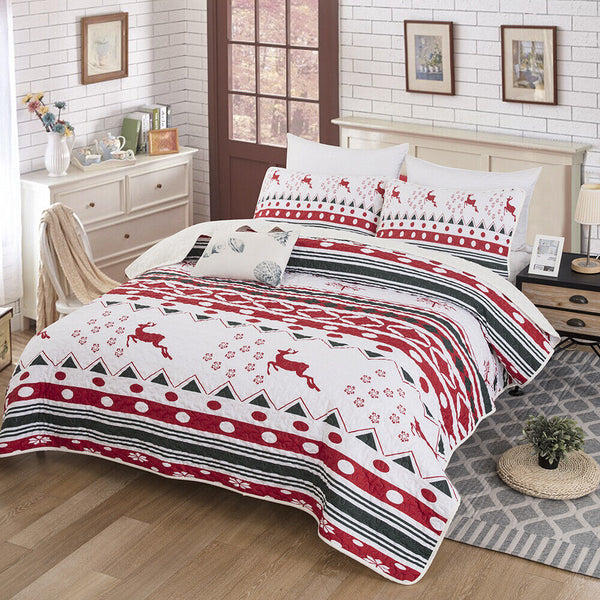 Styleforhome Christmas Print Queen Bedspread Set Quilt Covers