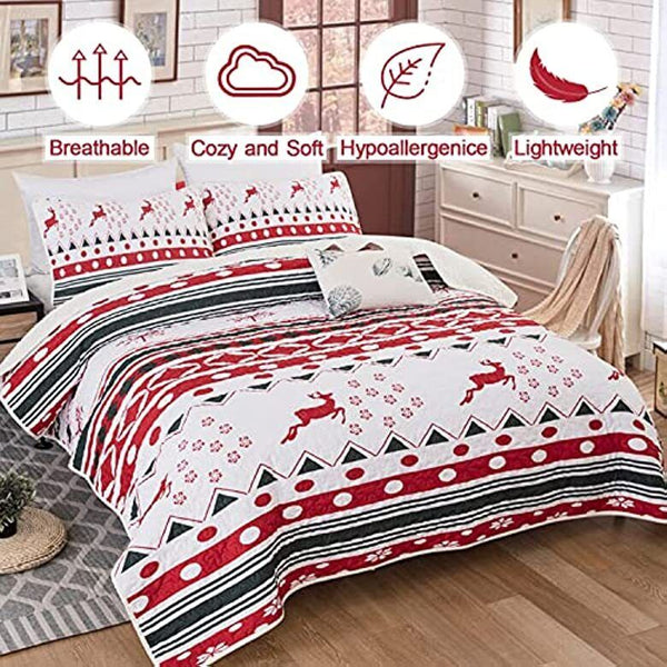 Styleforhome Christmas Print Queen Bedspread Set Quilt Covers