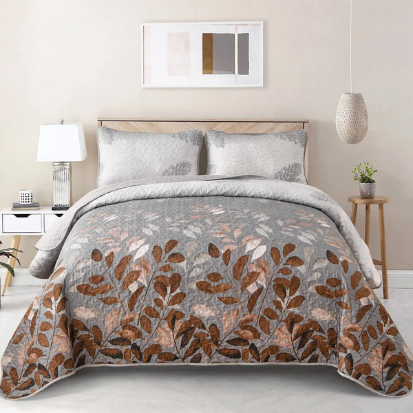 Brown Verdant Quilted Ensemble With Flower Motifs Bedspread And Pillowcases Other Bedding