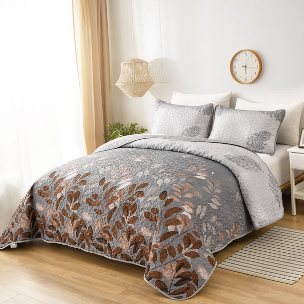 Brown Verdant Quilted Ensemble With Flower Motifs Bedspread And Pillowcases Other Bedding