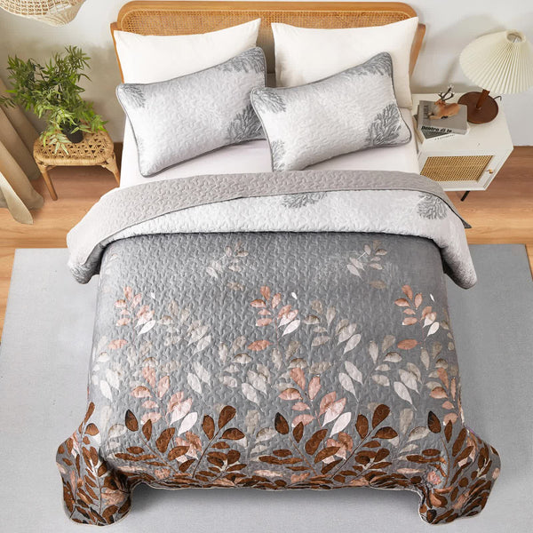 Brown Verdant Quilted Ensemble With Flower Motifs Bedspread And Pillowcases Other Bedding