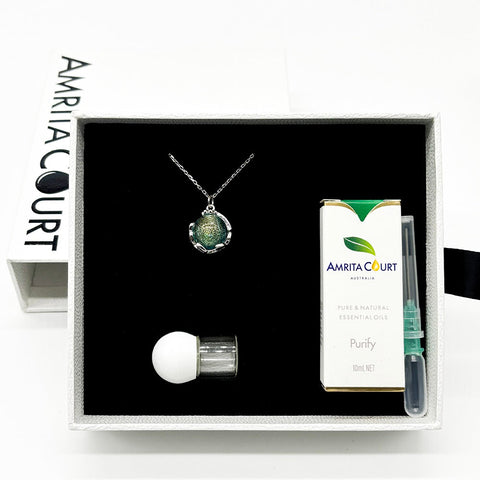 Gift Box Aroma Necklace White Gold Planet Celestial Aqua (Light Blue) + Purify Oil Blend Necklaces & Pendants