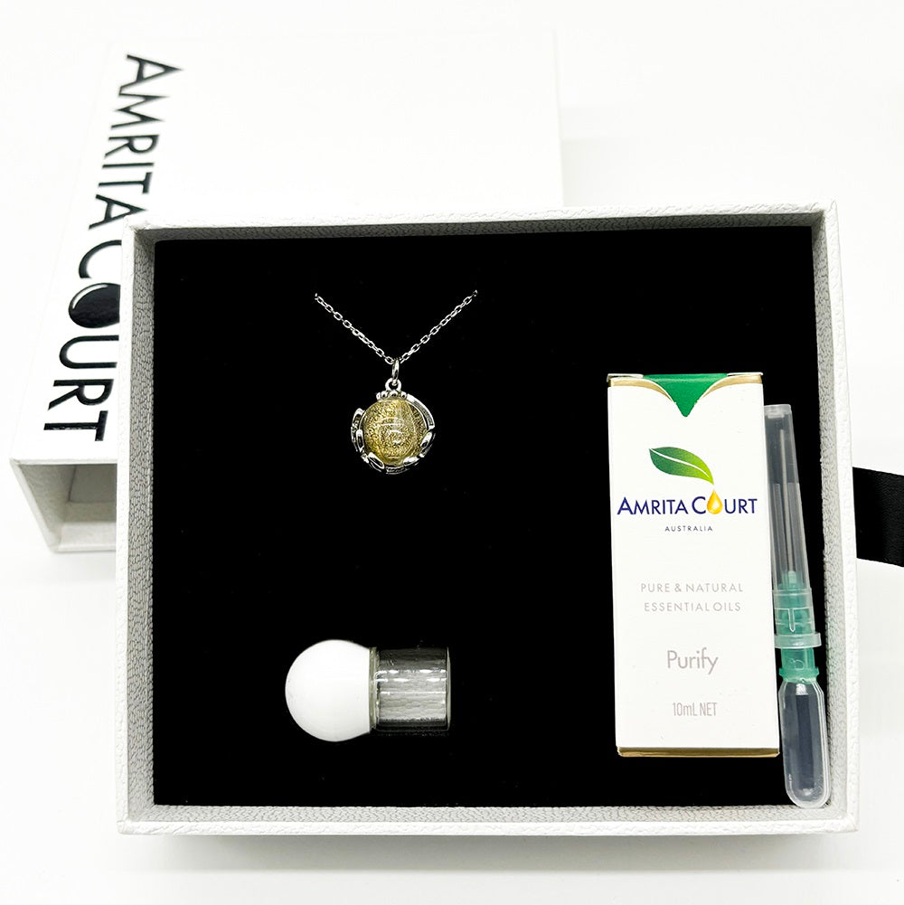 Gift Box Aroma Necklace White Gold Planet Stardust Crystal (Gold Clear) + Purify Oil Blend Necklaces & Pendants