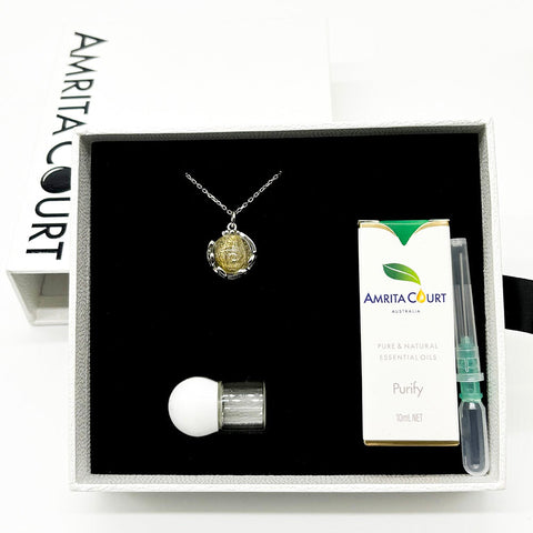 Gift Box Aroma Necklace White Gold Planet Stardust Crystal (Gold Clear) + Purify Oil Blend Necklaces & Pendants