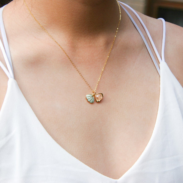 Gift Box Aroma Necklace 925 Silver Gold Coated Green Shell Paradise Peach (Pink) + Purify Oil Blend Necklaces & Pendants