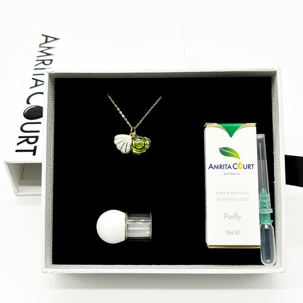 Gift Box Aroma Necklace 925 Silver Gold Coated Green Shell Electric Lime (Light Green) + Purify Oil Blend Necklaces & Pendants