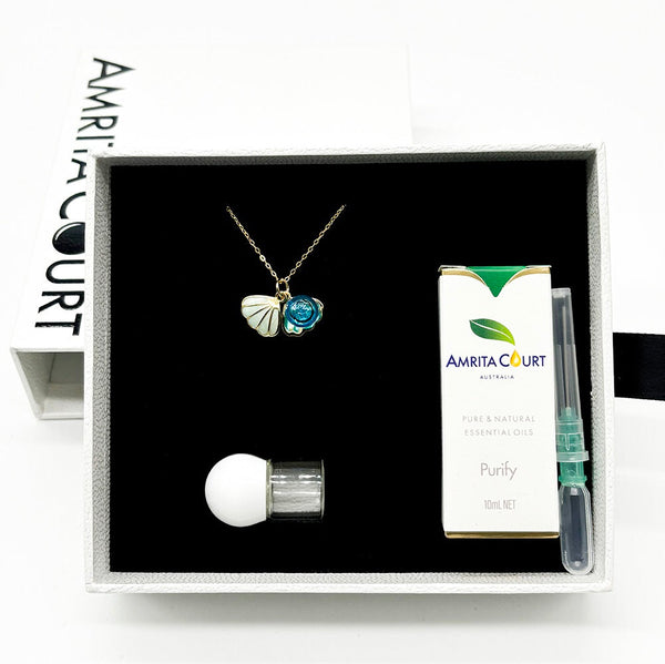Gift Box Aroma Necklace 925 Silver Gold Coated Green Shell Ocean Breeze (Light Blue) + Purify Oil Blend Necklaces & Pendants