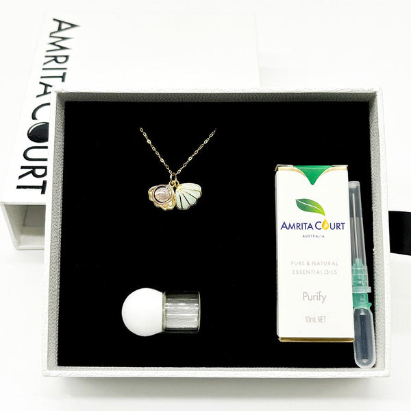 Gift Box Aroma Necklace 925 Silver Gold Coated Green Shell Dreamy Lavender (Light Purple) + Purify Oil Blend Necklaces & Pendants