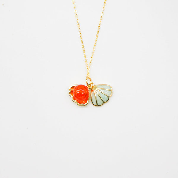 Gift Box Aroma Necklace 925 Silver Gold Coated Green Shell Sunset Coral (Bright Red Orange) + Purify Oil Blend Necklaces & Pendants