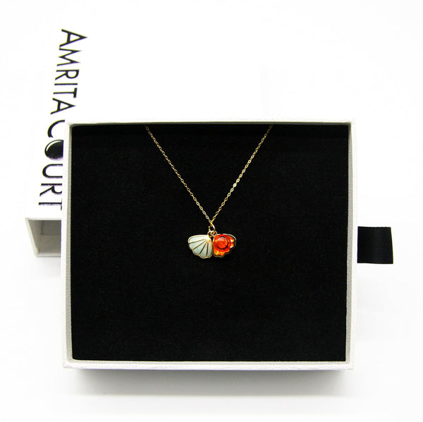 Gift Box Aroma Necklace 925 Silver Gold Coated Green Shell Sunset Coral (Bright Red Orange) + Purify Oil Blend Necklaces & Pendants