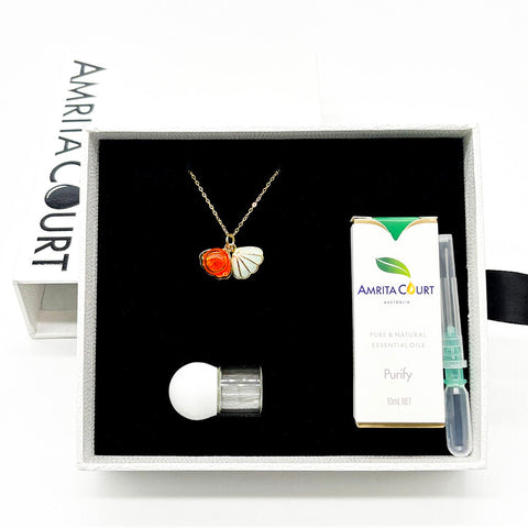Gift Box Aroma Necklace 925 Silver Gold Coated Green Shell Sunset Coral (Bright Red Orange) + Purify Oil Blend Necklaces & Pendants