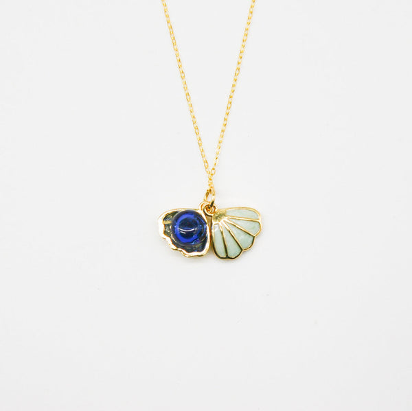 Gift Box Aroma Necklace 925 Silver, Gold Coated Green Shell Ocean Depth (Dark Blue) + Purify Oil Blend Necklaces & Pendants