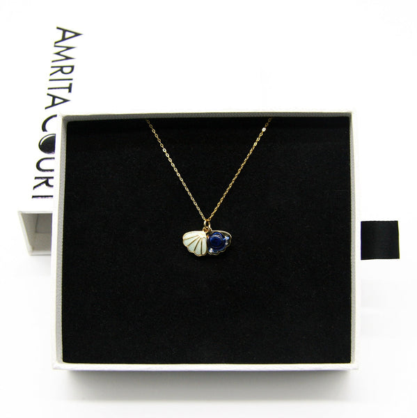 Gift Box Aroma Necklace 925 Silver, Gold Coated Green Shell Ocean Depth (Dark Blue) + Purify Oil Blend Necklaces & Pendants