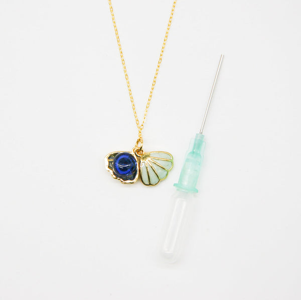 Gift Box Aroma Necklace 925 Silver, Gold Coated Green Shell Ocean Depth (Dark Blue) + Purify Oil Blend Necklaces & Pendants