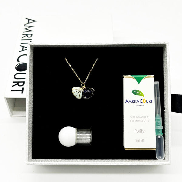Gift Box Aroma Necklace 925 Silver, Gold Coated Green Shell Ocean Depth (Dark Blue) + Purify Oil Blend Necklaces & Pendants