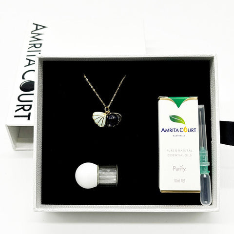 Gift Box Aroma Necklace 925 Silver, Gold Coated Green Shell Ocean Depth (Dark Blue) + Purify Oil Blend Necklaces & Pendants