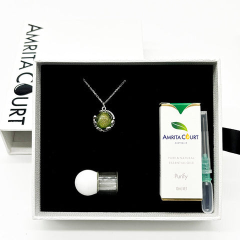 Gift Box Aroma Necklace White Gold Planet Aurum Verdant (Gold Green) + Purify Oil Blend Necklaces & Pendants