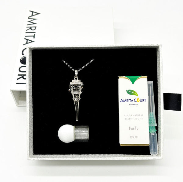 Gift Box Cone White Gold Aroma Necklace + Purify Oil Blend Necklaces & Pendants
