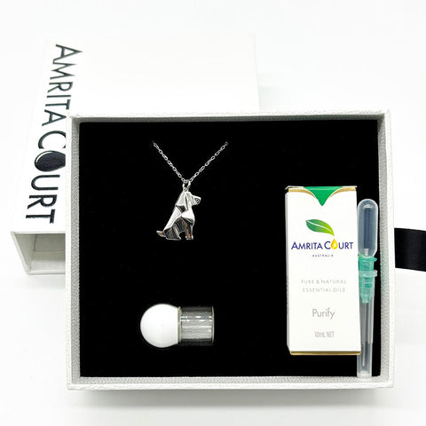 Gift Box Dog White Gold Aroma Necklace + Purify Oil Blend Necklaces & Pendants