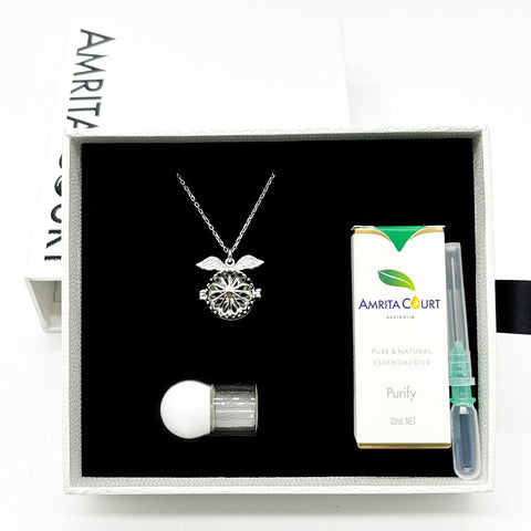 Gift Box Angel Ball White Gold Aroma Necklace + Purify Oil Blend Necklaces & Pendants