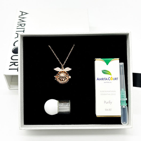 Gift Box Angel Ball Rose Gold Aroma Necklace + Purify Oil Blend Necklaces & Pendants