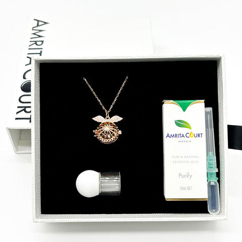 Gift Box Angel Ball Rose Gold Aroma Necklace + Purify Oil Blend Necklaces & Pendants