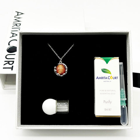 Gift Box Aroma Necklace White Gold Planet Solstice Sunburst (Fire Red) + Purify Oil Blend Necklaces & Pendants