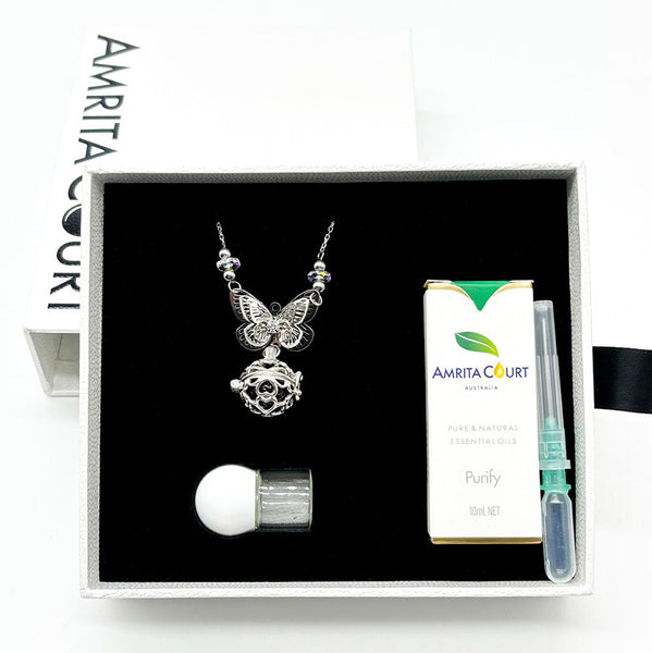 Gift Box Butterfly White Gold Aroma Necklace + Purify Oil Blend Necklaces & Pendants