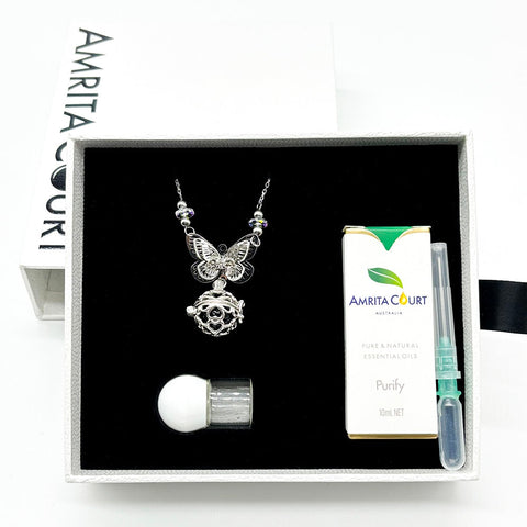 Gift Box Butterfly White Gold Aroma Necklace + Purify Oil Blend Necklaces & Pendants
