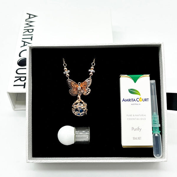 Gift Box Butterfly Rose Gold Aroma Necklace + Purify Oil Blend Necklaces & Pendants