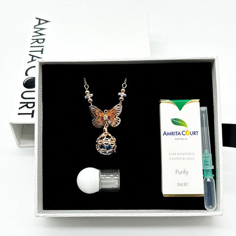 Gift Box Butterfly Rose Gold Aroma Necklace + Purify Oil Blend Necklaces & Pendants