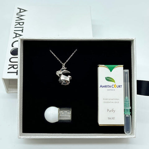 Gift Box Rabbit White Gold Aroma Necklace + Purify Oil Blend Necklaces & Pendants