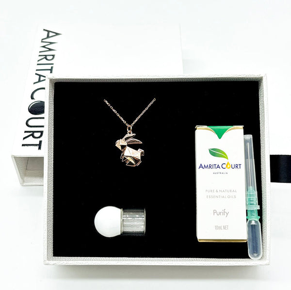 Gift Box Rabbit Rose Gold Aroma Necklace + Purify Oil Blend Necklaces & Pendants