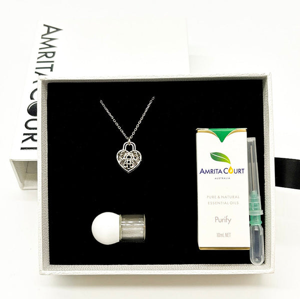 Gift Box Heart Lock White Gold Aroma Necklace + Purify Oil Blend Necklaces & Pendants