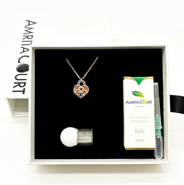 Gift Box Heart Lock Rose Gold Aroma Necklace + Purify Oil Blend Necklaces & Pendants