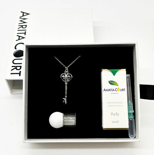 Gift Box Key White Gold Aroma Necklace + Purify Oil Blend Necklaces & Pendants