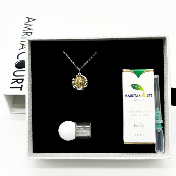 Gift Box Aroma Necklace White Gold Planet Jovian (Golden Yellow) + Purify Oil Blend Necklaces & Pendants