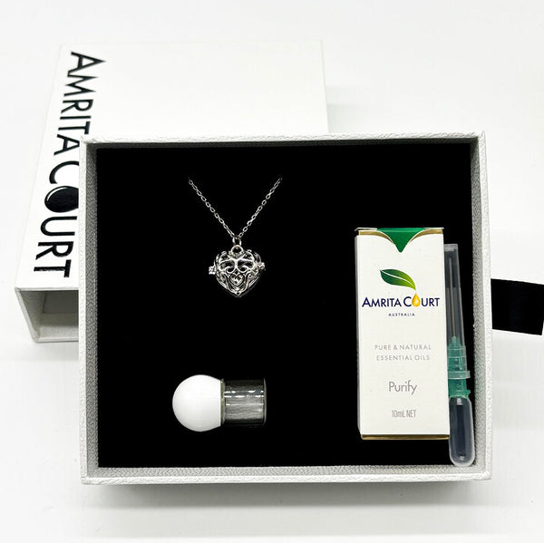 Gift Box Love Heart White Gold Aroma Necklace + Purify Oil Blend Necklaces & Pendants
