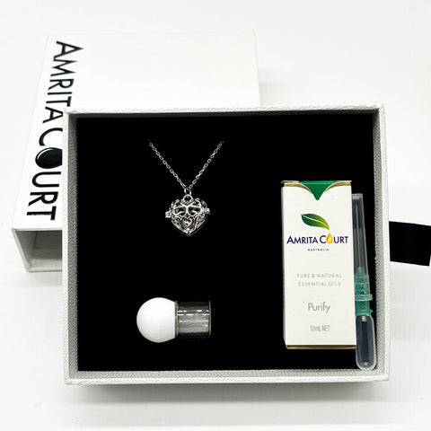 Gift Box Love Heart White Gold Aroma Necklace + Purify Oil Blend Necklaces & Pendants