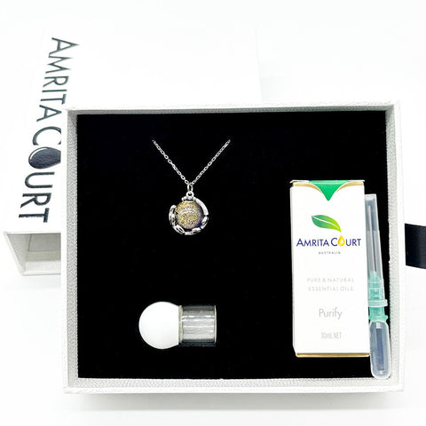 Gift Box Aroma Necklace White Gold Planet Celestial Sapphire (Blue) + Purify Oil Blend Necklaces & Pendants