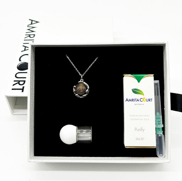 Gift Box Aroma Necklace White Gold Planet Plutonian Amethyst (Golden Purple) + Purify Oil Blend Necklaces & Pendants