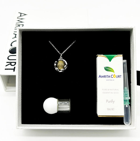 Gift Box Aroma Necklace White Gold Planet Stellar Midnight (Golden Dark Blue) + Purify Oil Blend Necklaces & Pendants