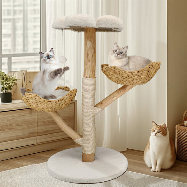Solid Wood Cat Tree With 3 Branches & Baskets Furniture & Scratchers