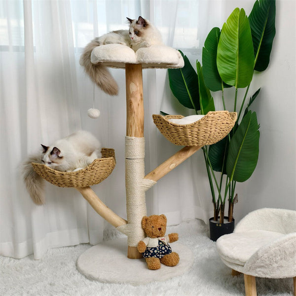 Solid Wood Cat Tree With 3 Branches & Baskets Furniture & Scratchers
