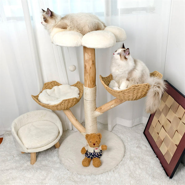 Solid Wood Cat Tree With 3 Branches & Baskets Furniture & Scratchers