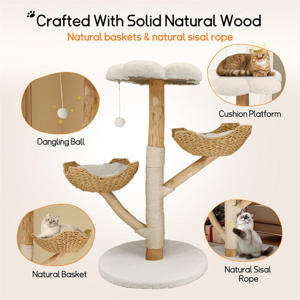Solid Wood Cat Tree With 3 Branches & Baskets Furniture & Scratchers