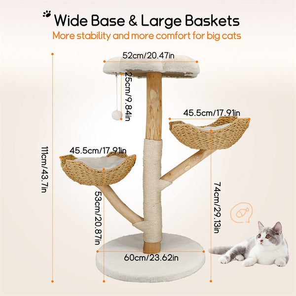 Solid Wood Cat Tree With 3 Branches & Baskets Furniture & Scratchers