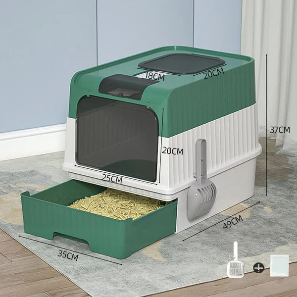 Green Large Enclosed Box With Drawer And Scoop Odor Control Removable Tray Easy Clean Design Cat Litter